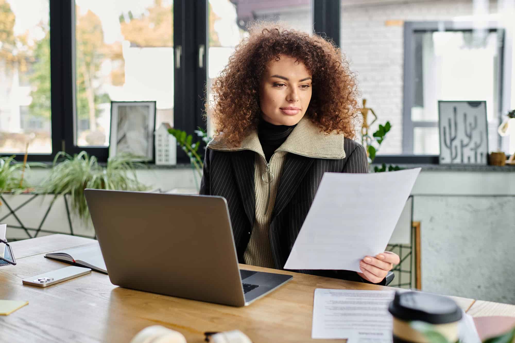 A young woman sitting at a desk with a laptop holds up a paper; reviewing policy terms to decide, “Is LTD a good investment?”