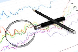 A magnifying glass and pencil rest atop a chart showing multiple colored lines to track trends over time; understanding the latest trends in LTD insurance policies.